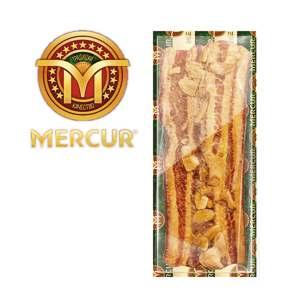 Varkensbuik Mercur "Grudinka chesnochnaja", gezouten en heet