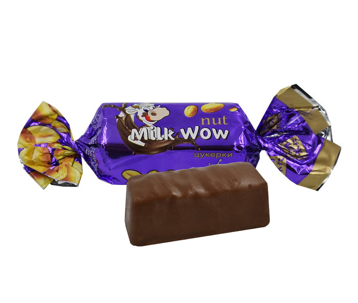 Snoepje "Milk Wow" met pinda en melksmaak in cacaoglazuur