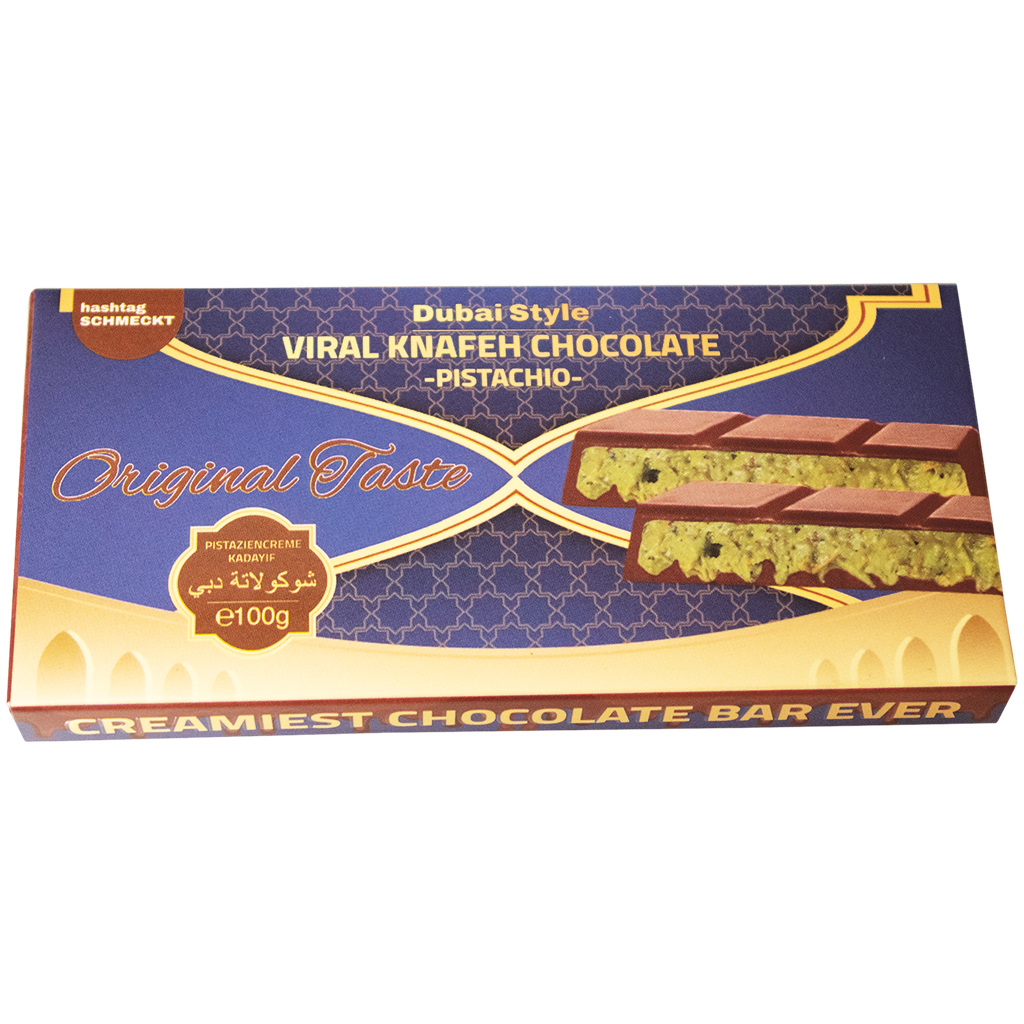 Melkchocolade met pistachecrème- en künefa-vulling
