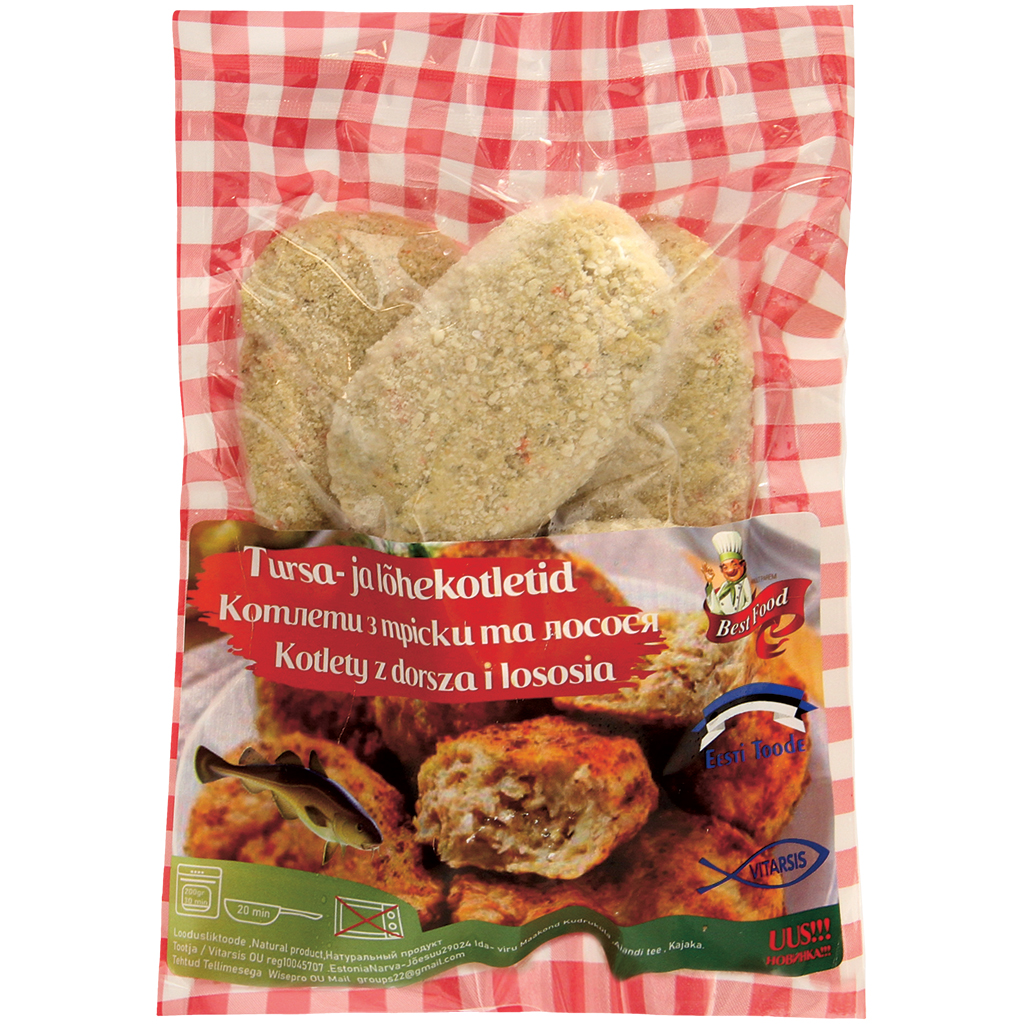 Visfrikadellen met kabeljauw, zalm en spek, gepaneerd