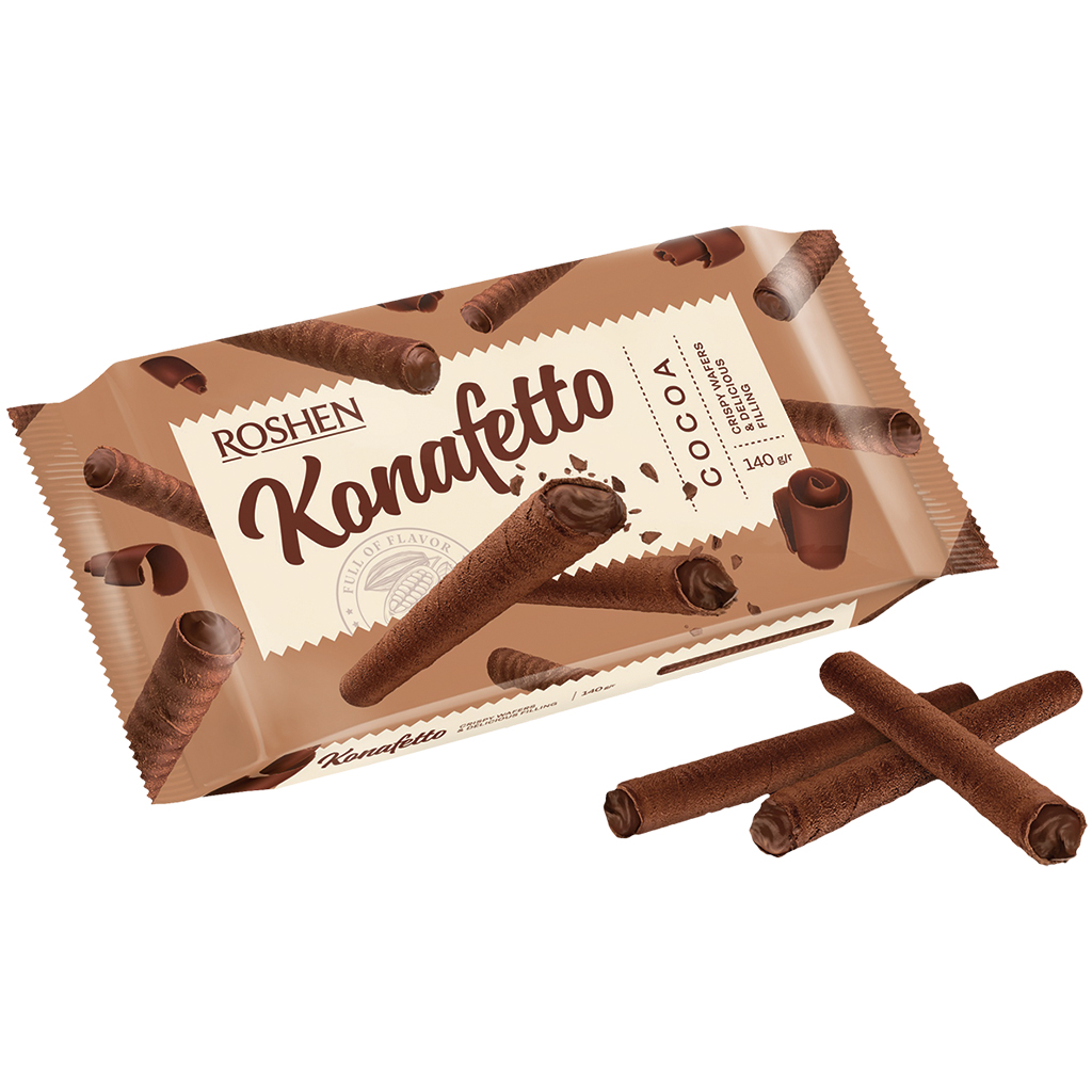 "Konafetto" Cacao- Wafelrolletjes met een cacaocrèmevulling (59%)