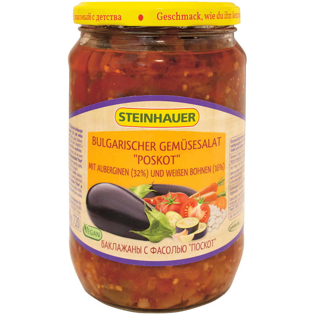 Bulgarische groentesalade "Poskot" met aubergines (32%) en witte bonen (16%)