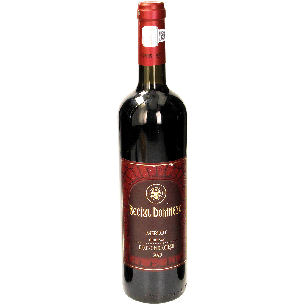 Rode wijn "Merlot" uit Roemenië, halfdroog, 13,5 % vol.
