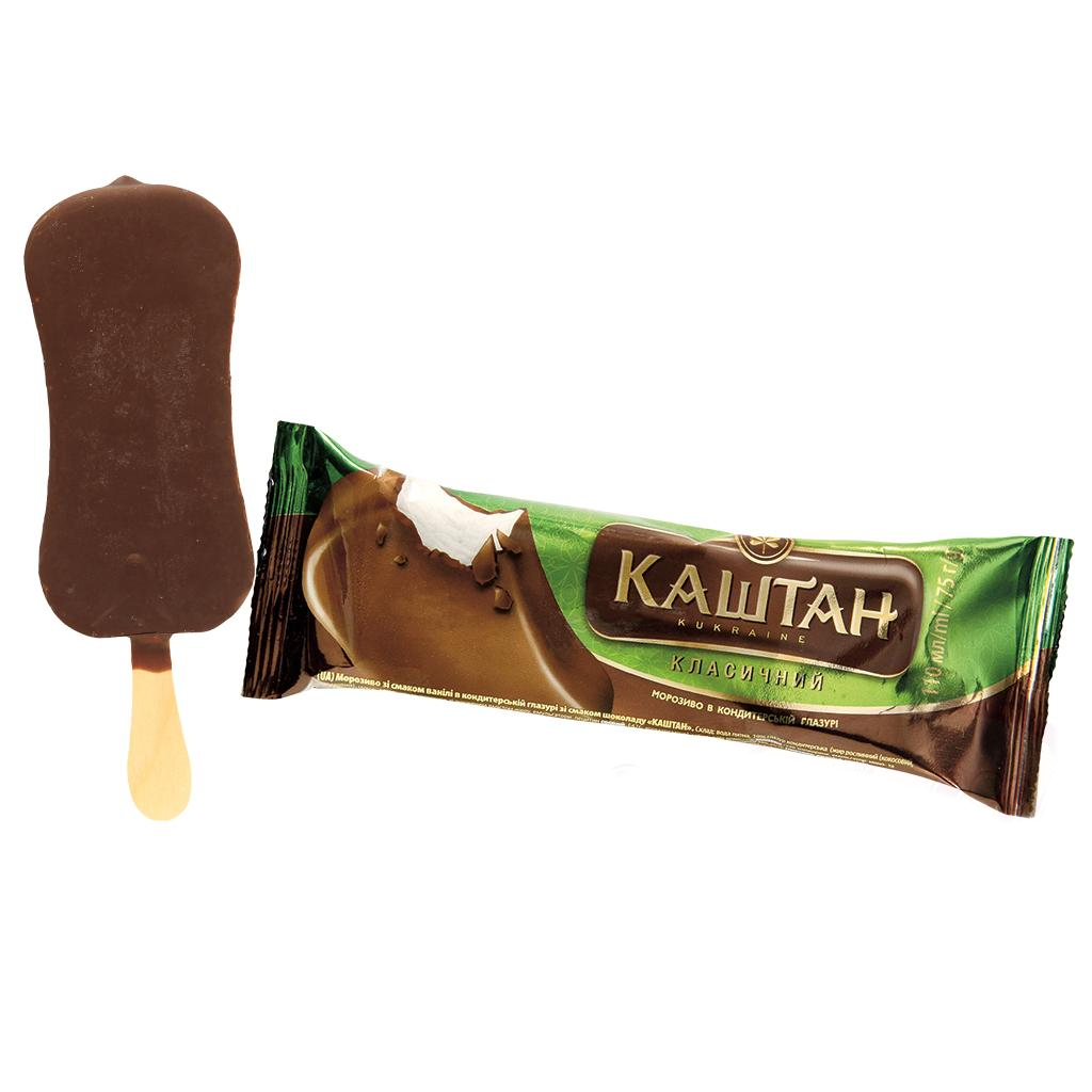 Vanille-ijs in een cacaoglazuur op een stokje “Kashtan Klasy