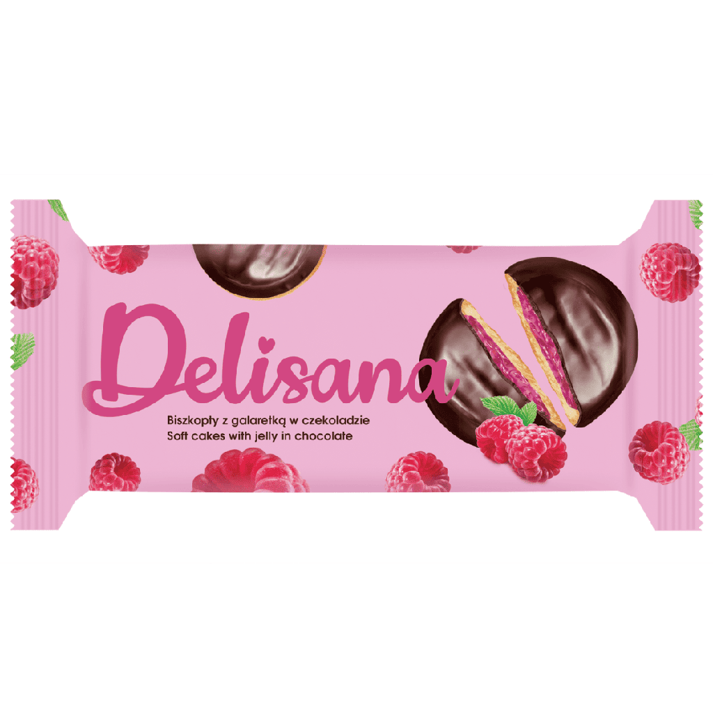 Koekjes met frambozenjam in chocolade 135g / 28st Delicpol