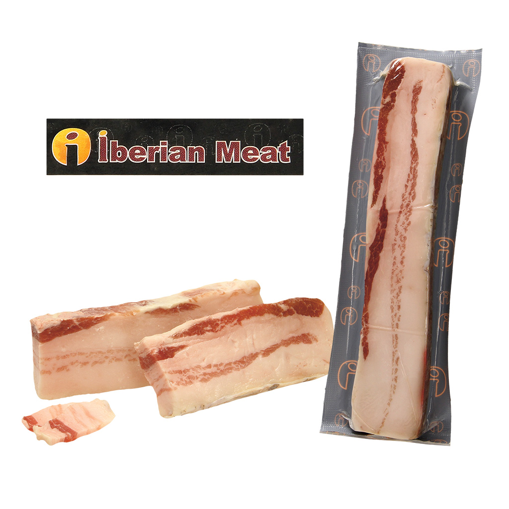 Iberische spek van varkensbuik, met huid, gezouten, gepekeld