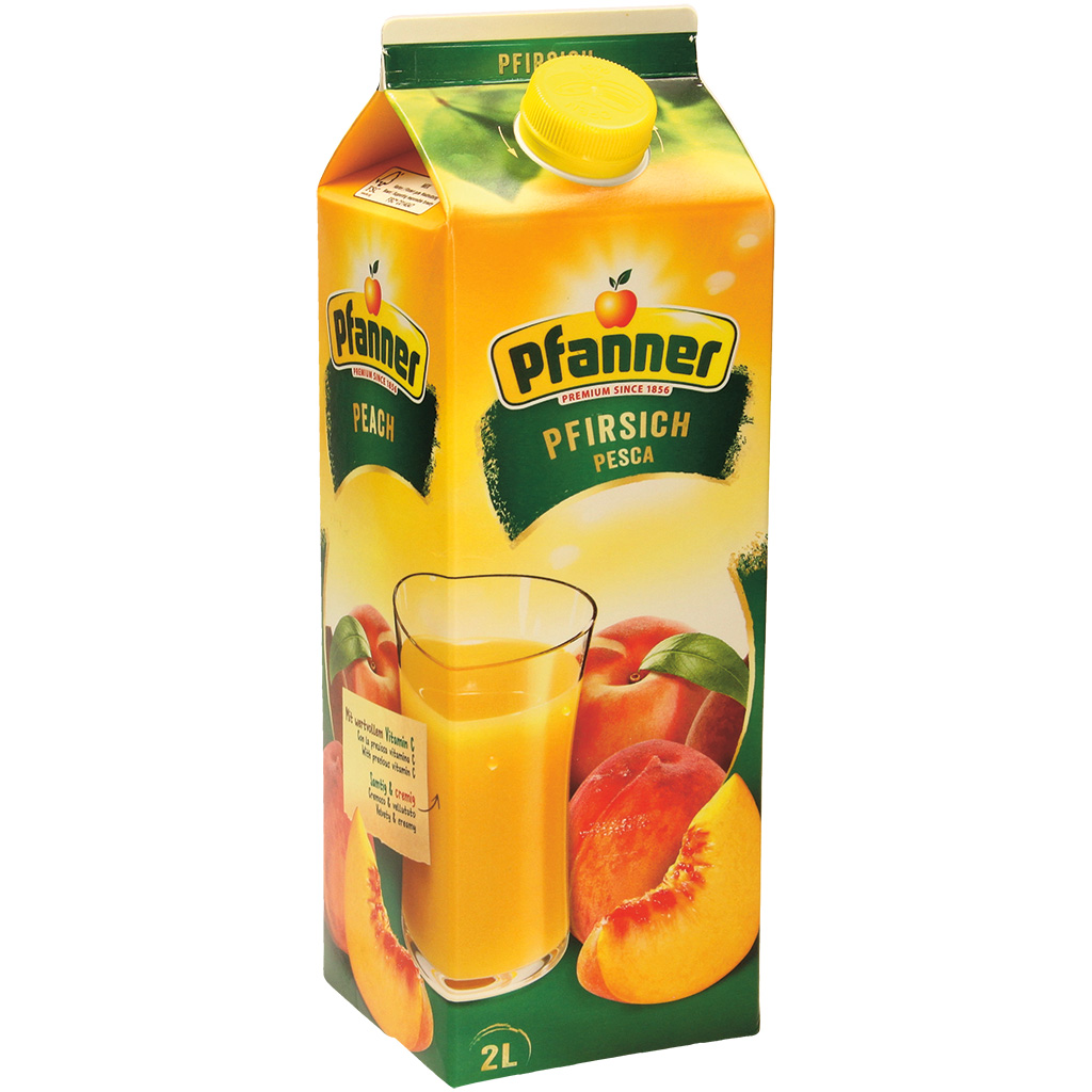 Perzikdrank van perzikpuree. Vruchtgehalte: 25%.