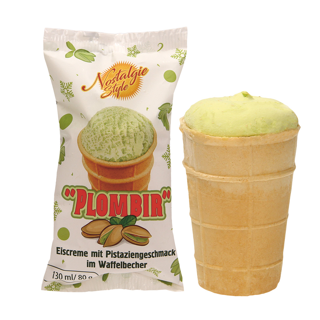 "PLOMBIR" IJs met pistache-smaak, in een hoorntje
