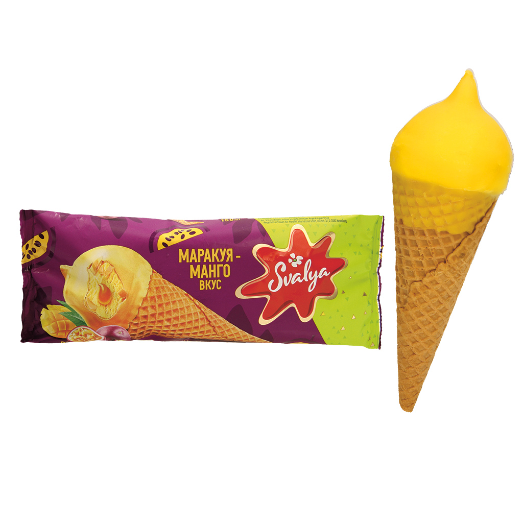 IJs met passievrucht-smaak met vulling met passievrucht-smaak in een wafelconus met 4,5% cacaohoudende vetglazuur, bedekt met 7,5% glazuur met mangosmaak.