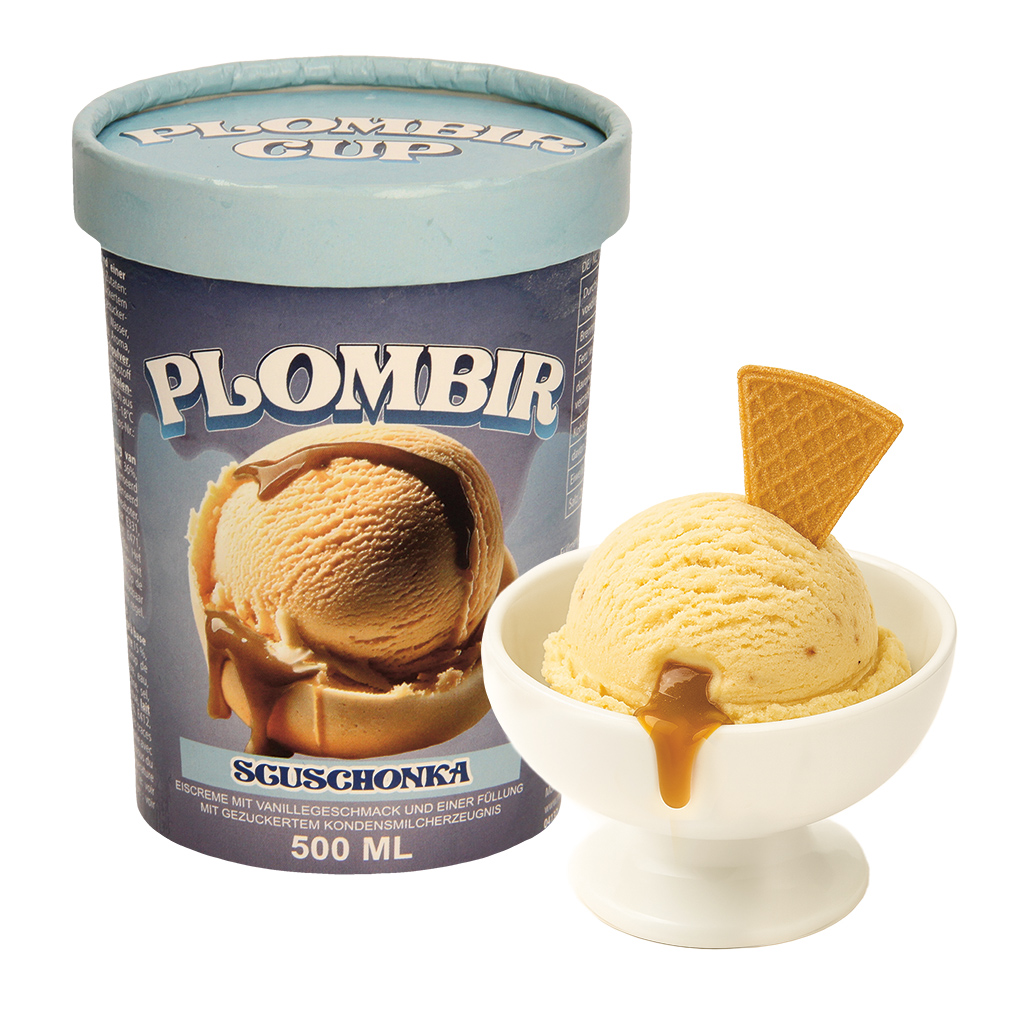 PLOMBIR IJs met vanillesmaak en een vulling van gezoete geco