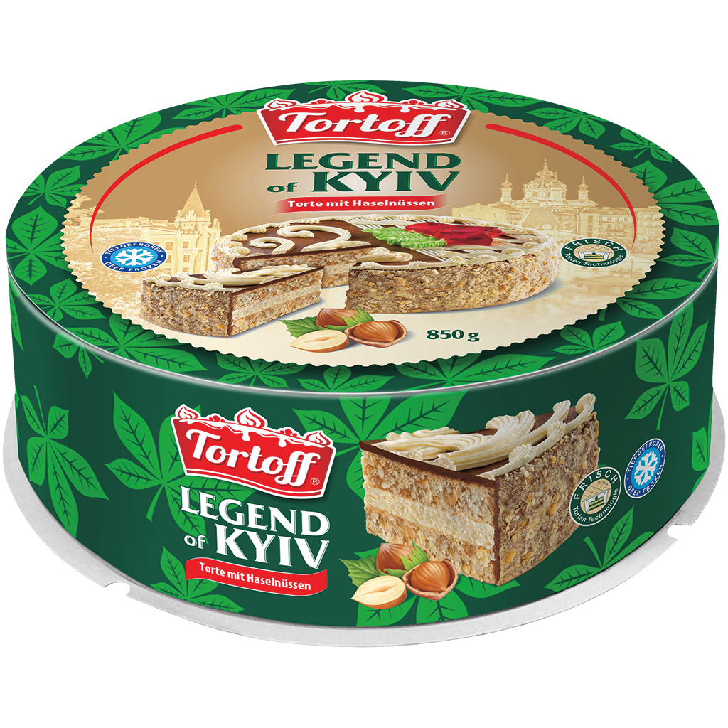"TORTOFF" Taart "Legende van Kyiv" met room 57,7% en hazelnoten, versierd met gelei 3,5%, diepgevroren