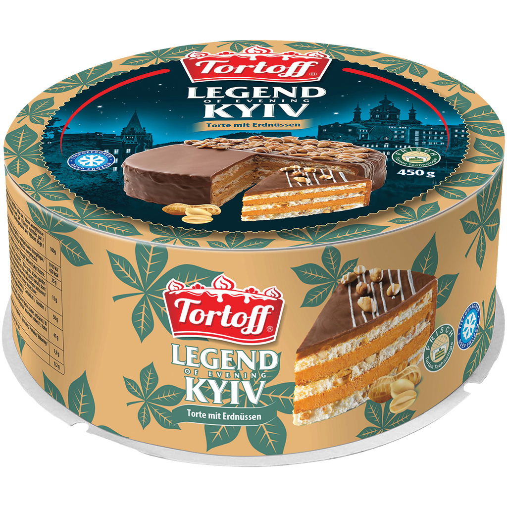 "TORTOFF" Taart "Legende van de Avond Kyiv" met room 46,7%, versierd met pinda's en vetglazuur, diepgevroren