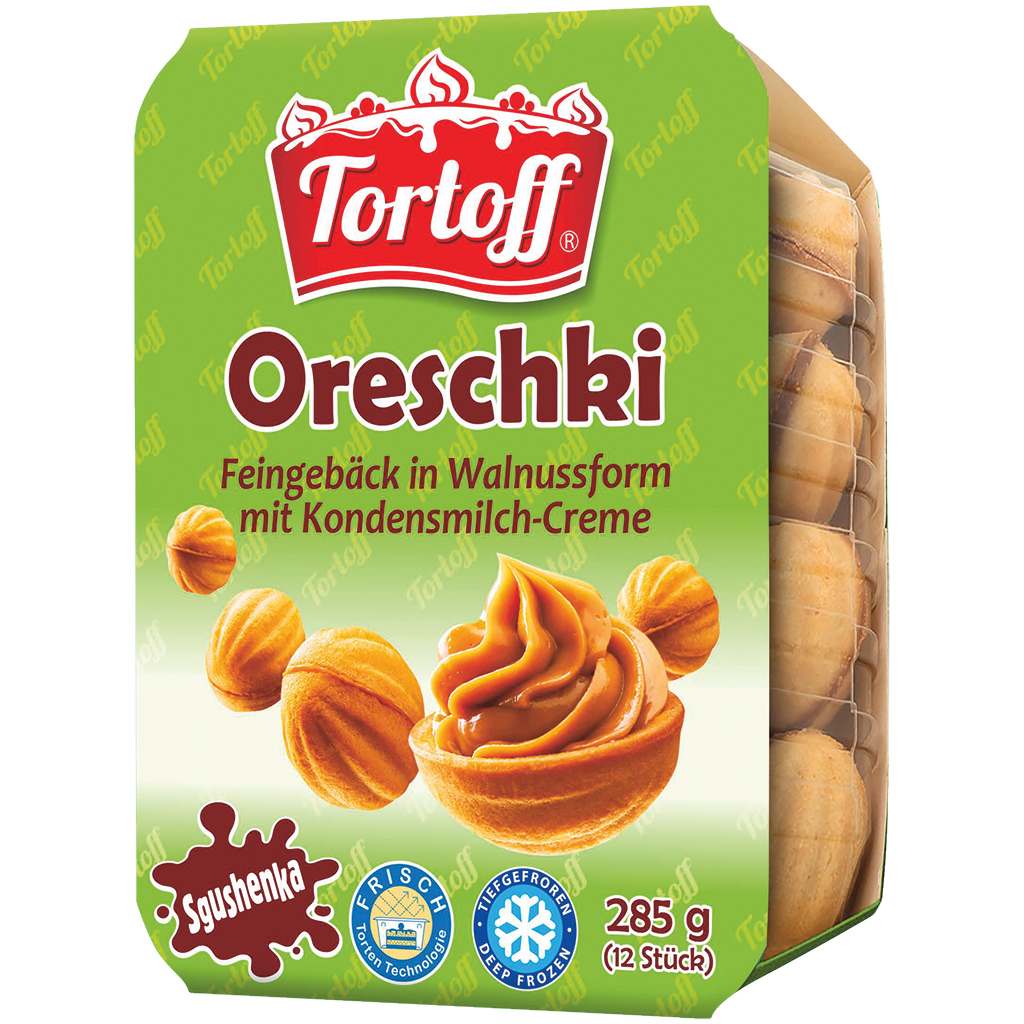 "TORTOFF" Fijngebak in walnootvorm "Oreschki" met gecondenseerde melkroomvulling 50,3%, diepgevroren