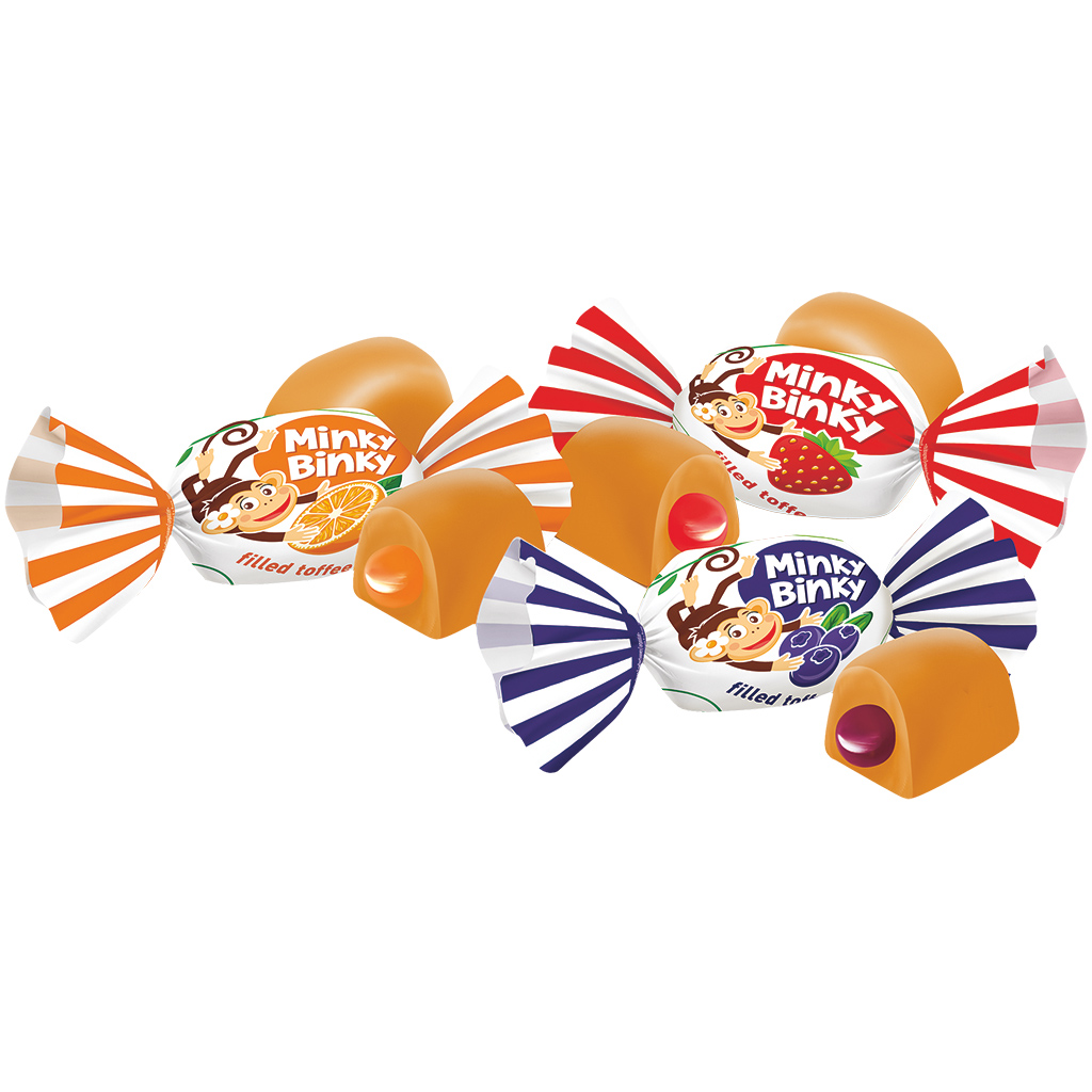 Zachte karamel "MINKY BINKY" met gelei-vulling (30%) met abrikozen-, aardbeien-, bosbessen-, sinaasappelsmaak. /los