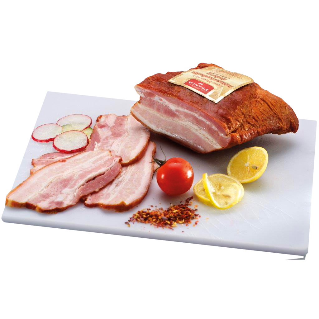 Buikspek met speklaag, gezouten, gegaard en gerookt, vacuüm