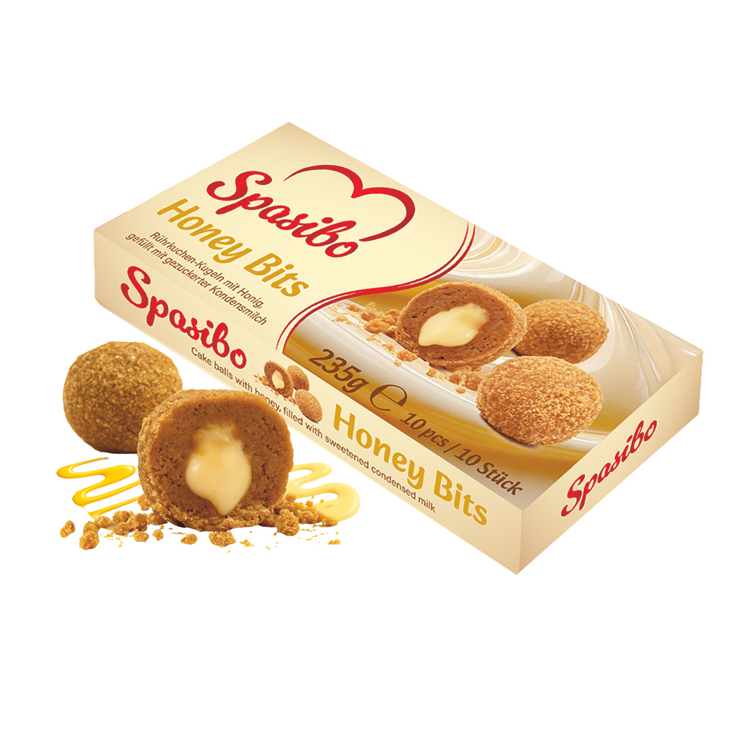 Rührkuchenballetjes met honing (2,9%), gevuld met gezoete gecondenseerde melk, diepgevroren.