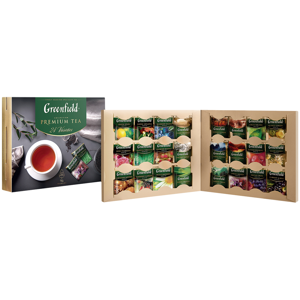 Набор чая из 24 видов GREENFIELD TEA. Ассортимент чая разных сортов в двухкамерных пакетиках в индивидуальных упаковках.