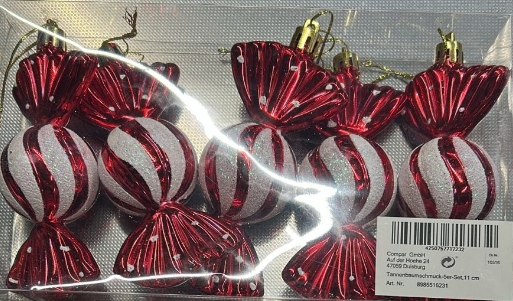 Set kerstversiering – 5 stuks, snoepjes, rood, 11,5 × 5 × 4