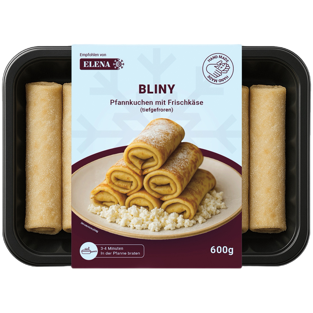 "Bliny" – Pannenkoeken gevuld met roomkaas en opgerold, om te bakken / diepgevroren