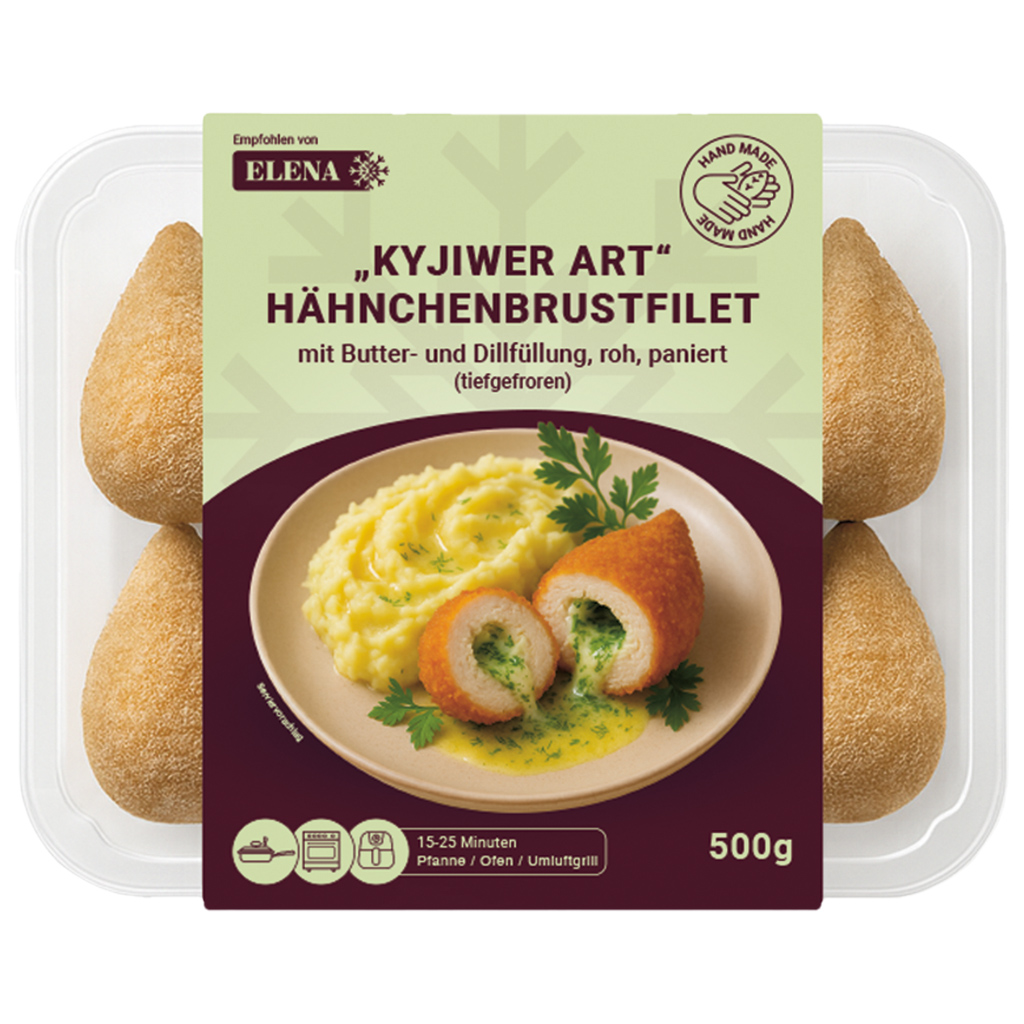 "Kyjiwer Art" Kippenborstfilet met boter- en dillevulling, rauw, gepaneerd, om te bakken / diepgevroren