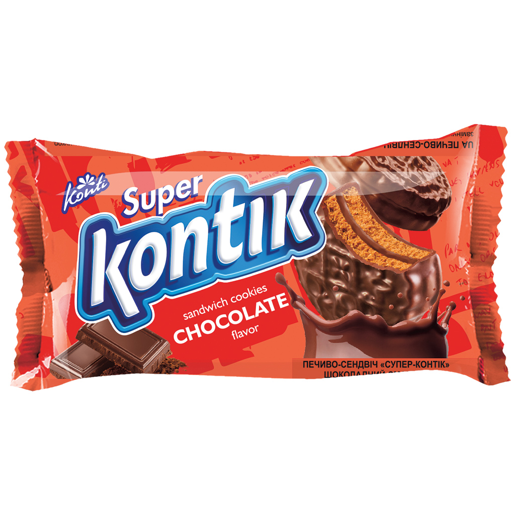 "KONTI" Doppelkeks "Super Kontik" met crèmevulling 14,6% met chocoladesmaak in cacao-houdende vetglazuur 27%