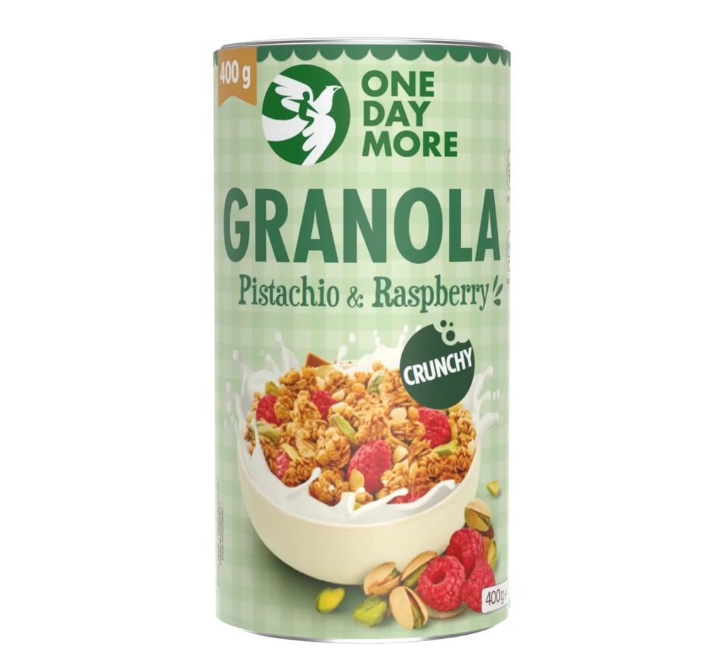 Onedaymore pistache-granola met frambozen