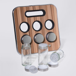 Kruidenrek met 6 potjes, glas en roestvrij staal, houtlook