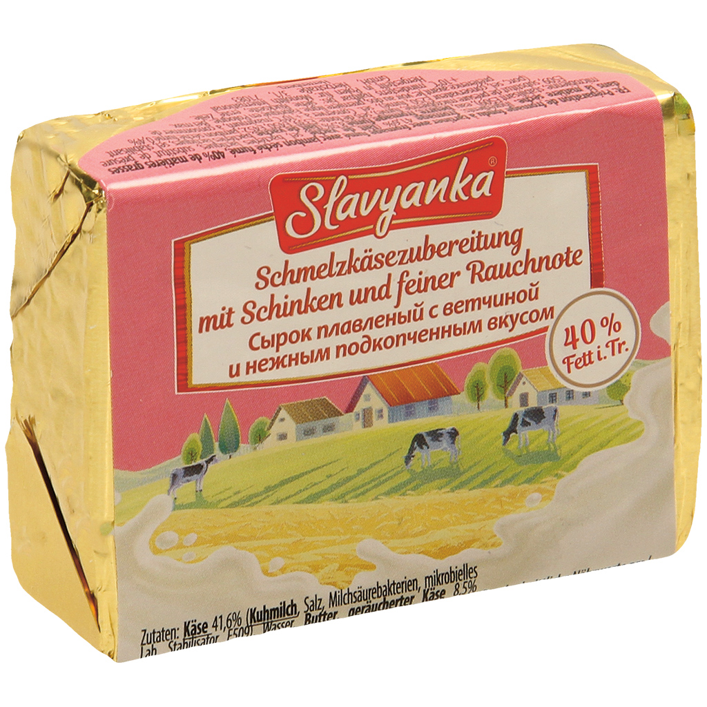 Smeltkaasbereiding met gerookte kaas en gerookte gedroogde ham, 40% vet i. Tr.