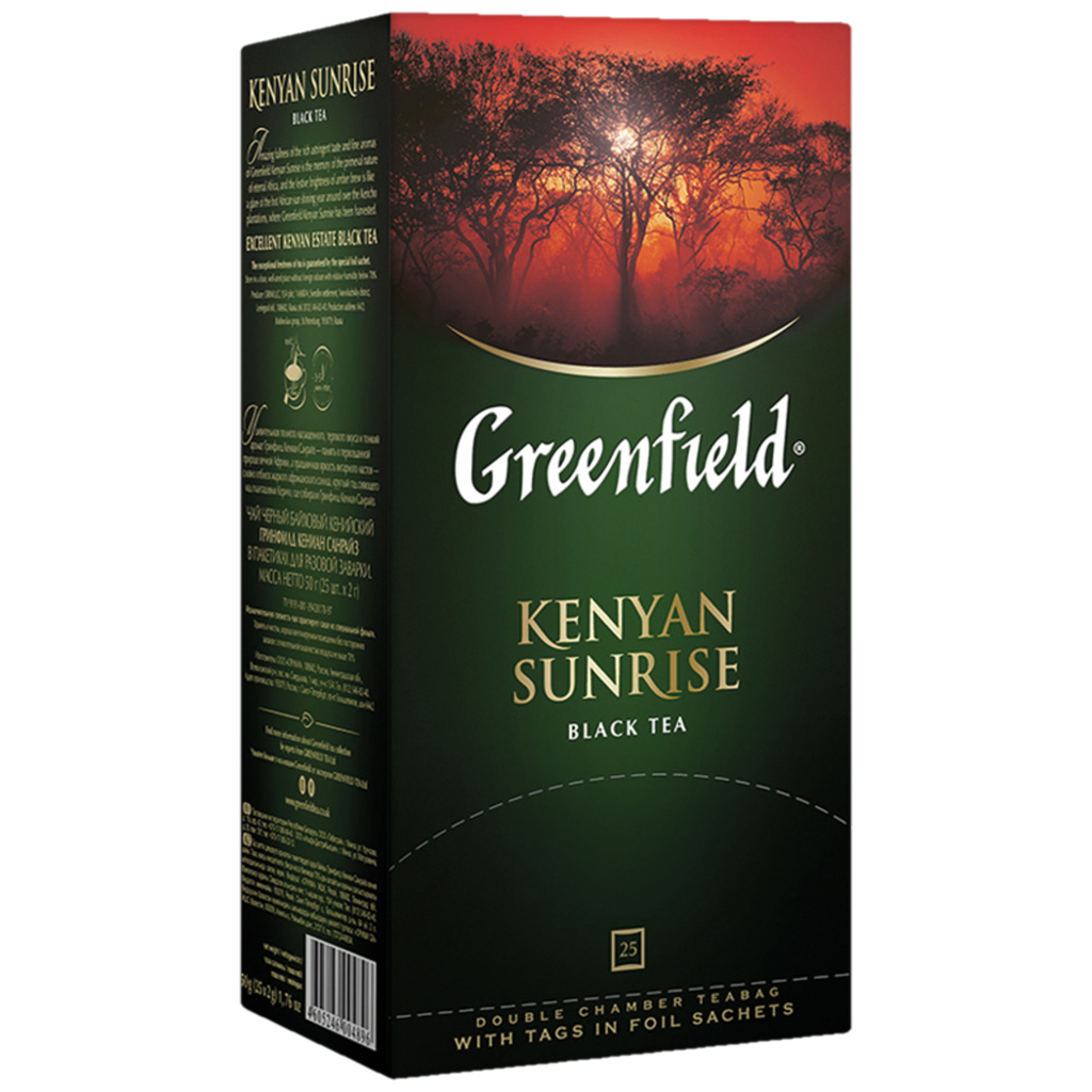 Zwarte Thee "Greenfield Kenyan Sunrise", 25 x 2g. Dubbele theezakjes in individuele verpakking.