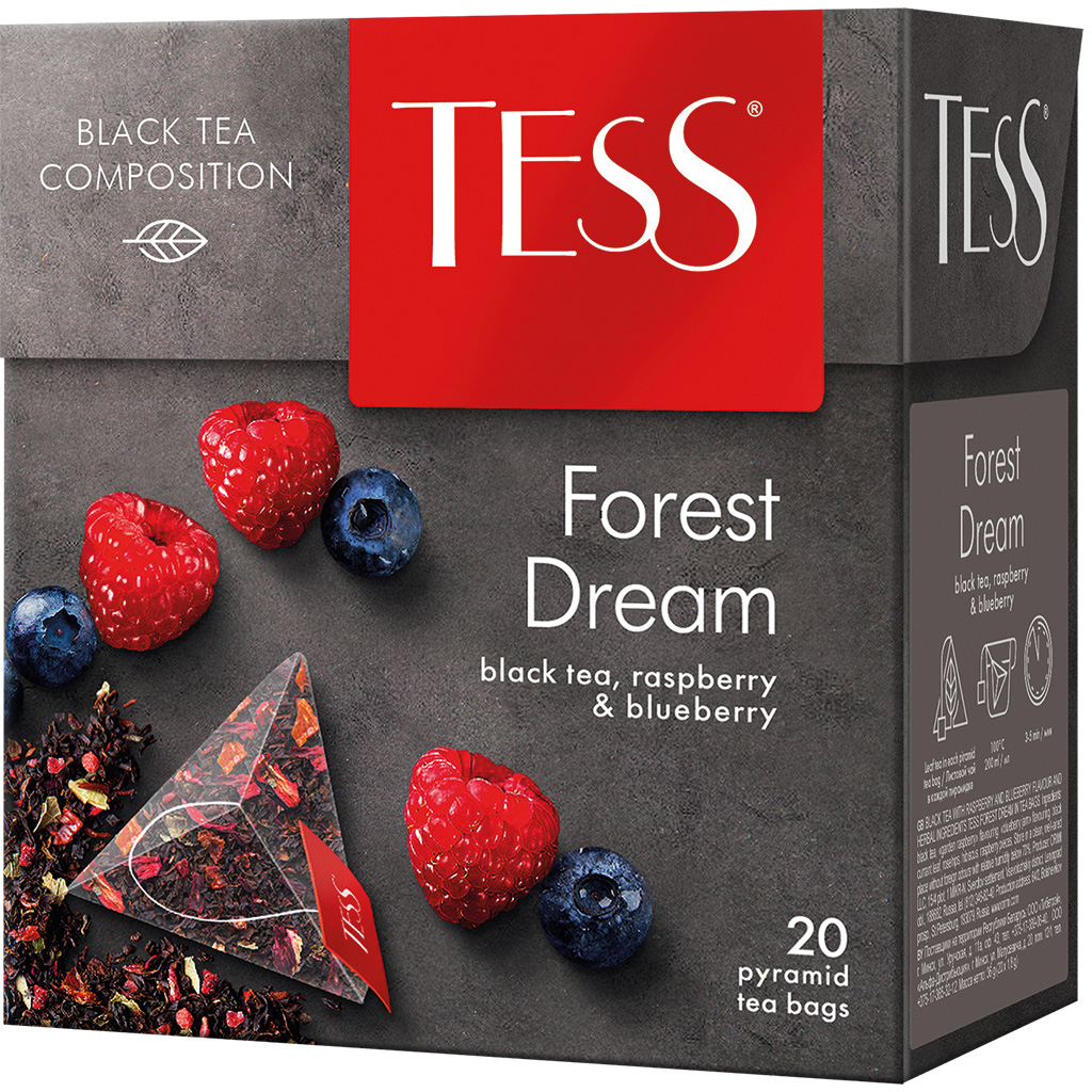Zwarte Thee "Tess Forest Dream", gearomatiseerd - Framboos en Blauwe Bes, met zwarte bessenbladeren, rozenblaadjes en hibiscus, in pyramide theezakjes.