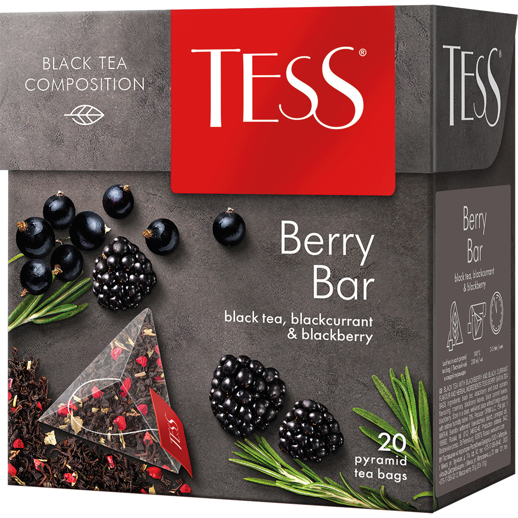 Zwarte Thee "Tess Berry Bar", gearomatiseerd - Braam en zwarte bessen, met rozemarijn, braamblaadjes en zwarte bessenbladeren, in pyramide-theezakjes