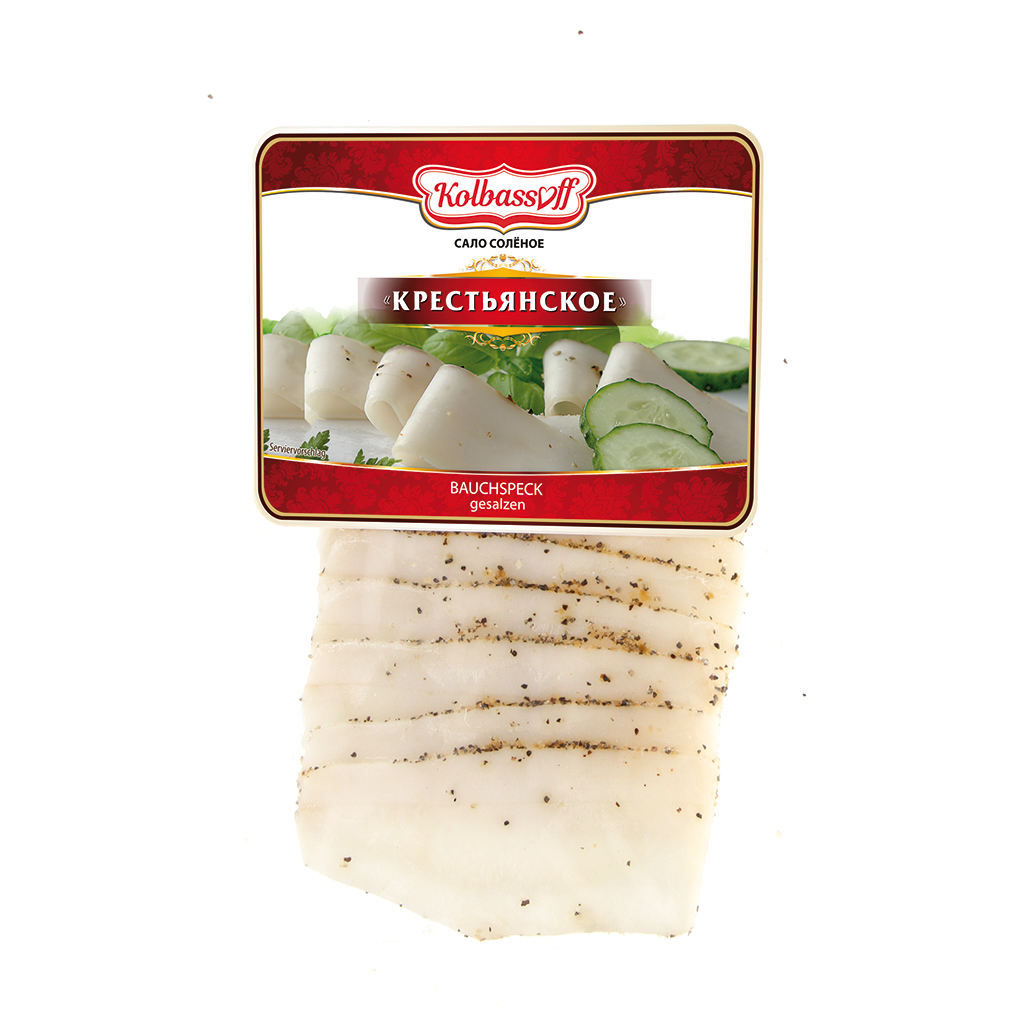 Gezouten buikspek "Krestjanskoe" met zwarte peper en knofloo