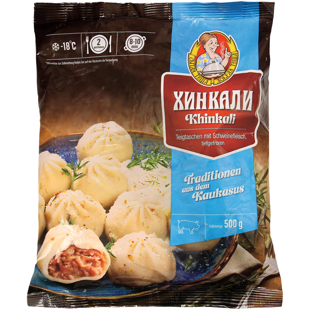 Пельмени "Хинкали" с начинкой (52%) из свинины (30,4%) с добавлением сои, глубокой заморозки