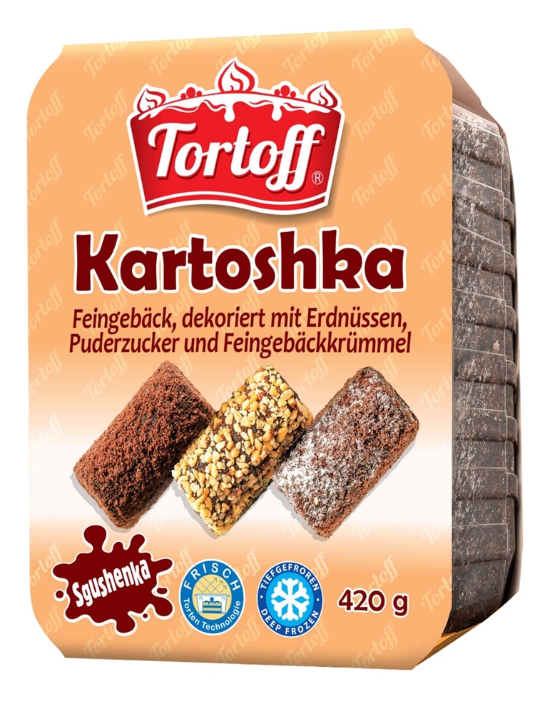 "Tortoff Kartoshka" пирожное, украшенное арахисом, сахарной пудрой и крошкой песочного теста, замороженное