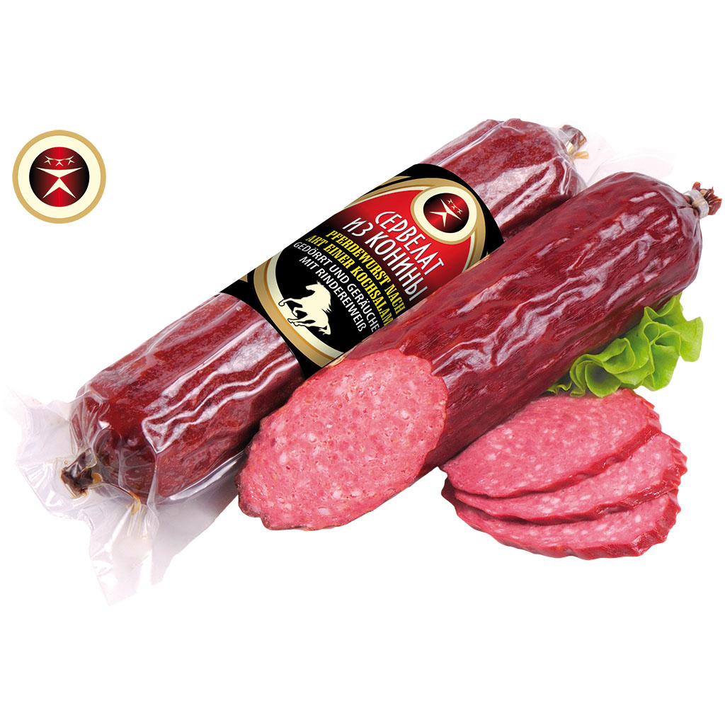 Paardenworst naar de stijl van een kooksalami, gedroogd en gerookt, met rundereiwit.