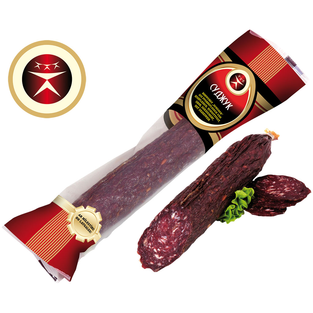 Rauwworst "Sudzhuk" van paardenvlees en rundvlees, snijvast