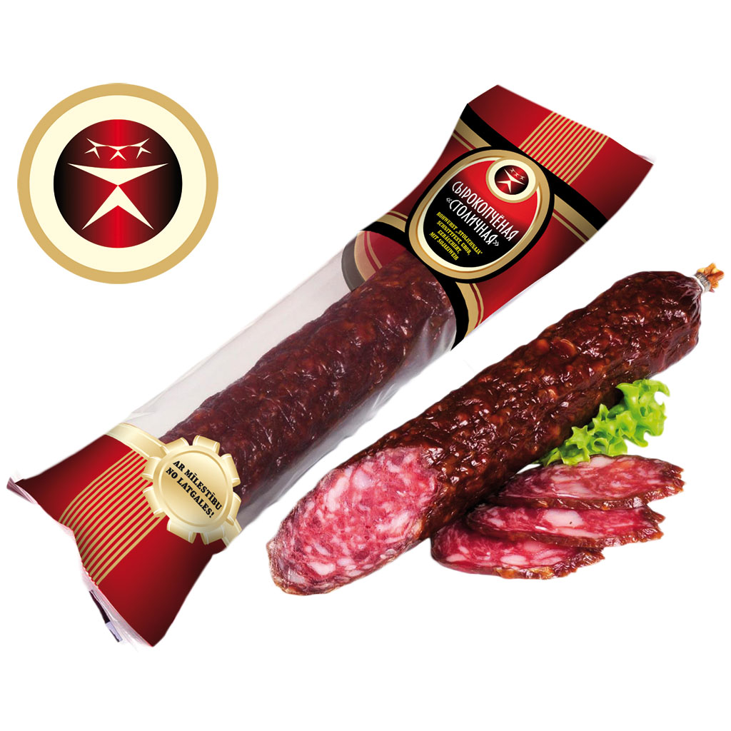 Сырокопченая колбаса "Столичная" твердая копченая с соевым б