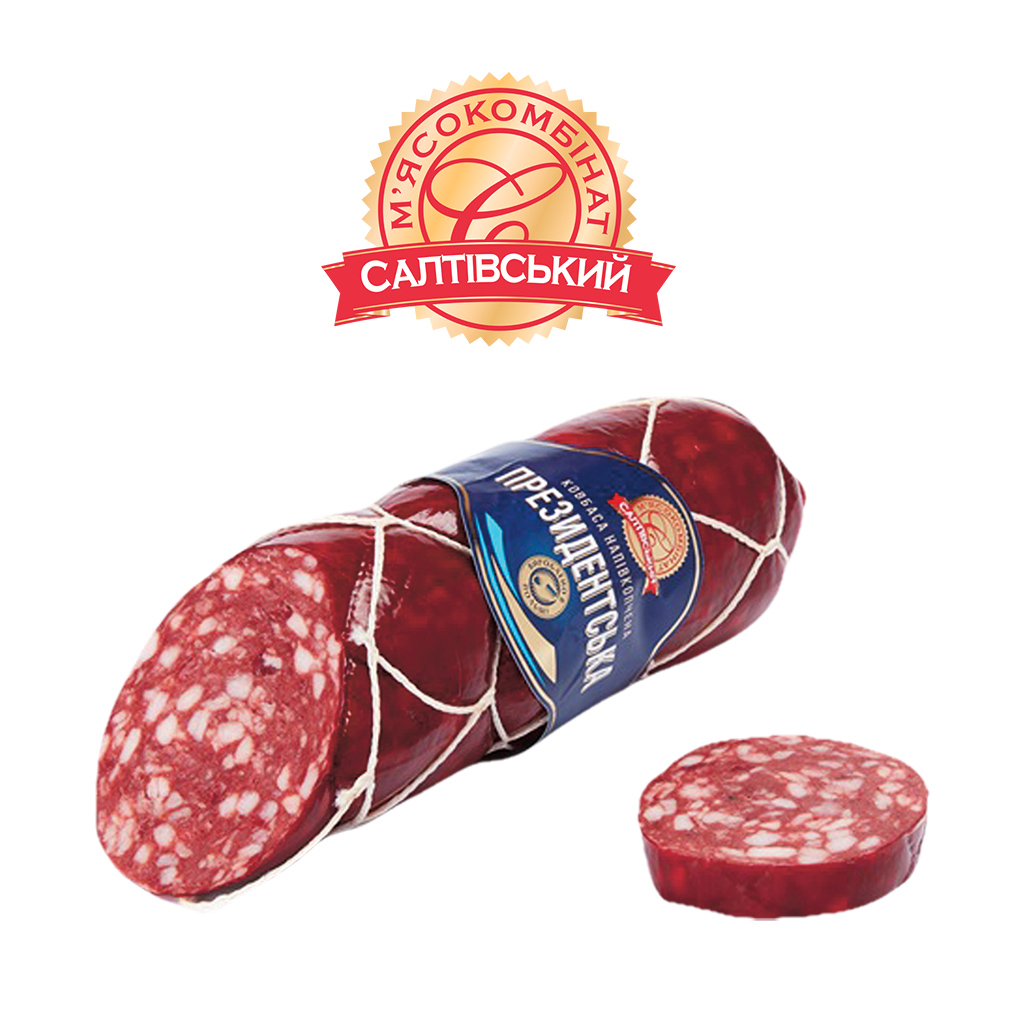 Gerookte braadworst "Presidentska" van varkensvlees in Oekraïense stijl, middelgrof, met varkens- en rundvleesaroma.