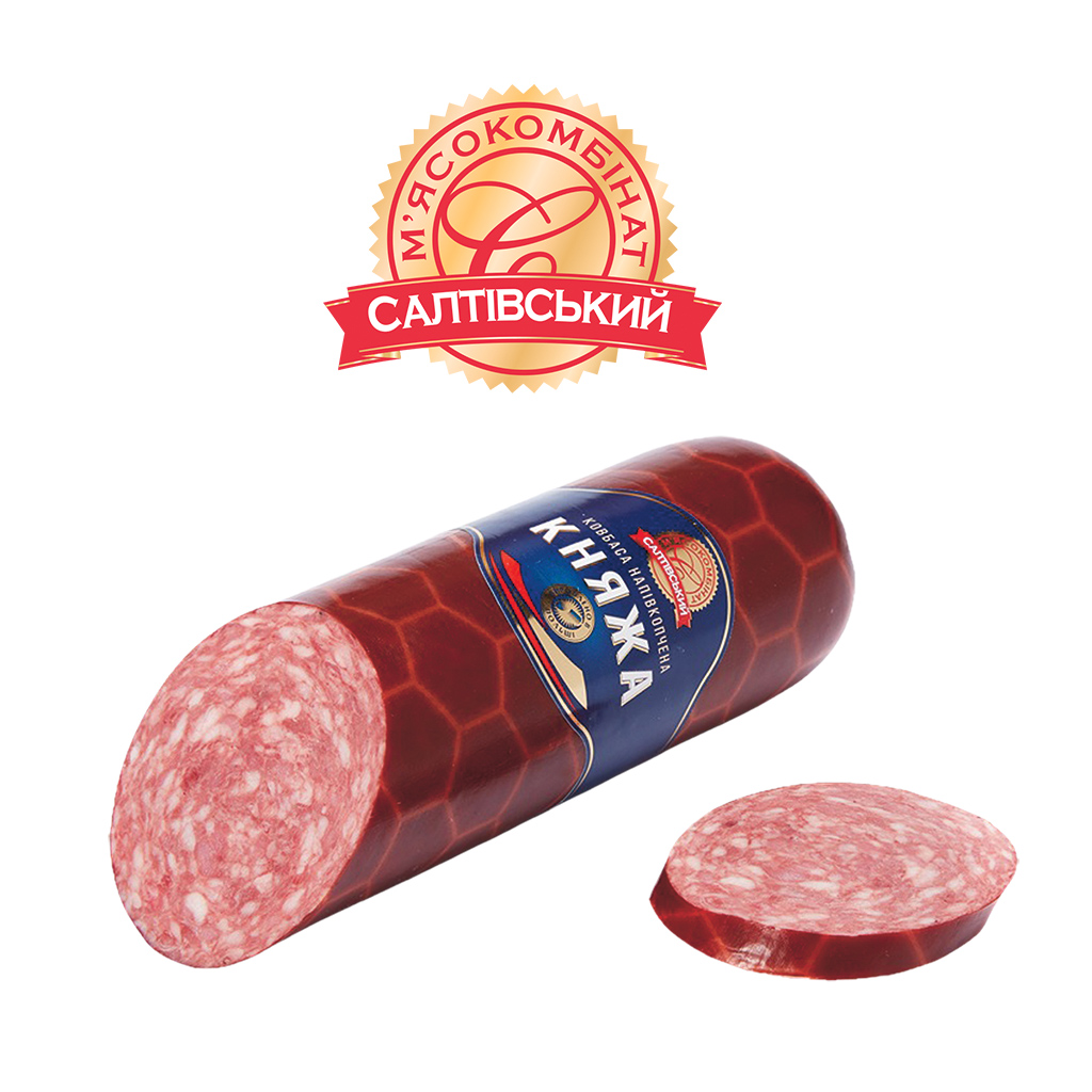 Gerookte braadworst "Knjascha" van varkensvlees, Oekraïense stijl, middelgrof, met varkens- en rundvleesaroma.