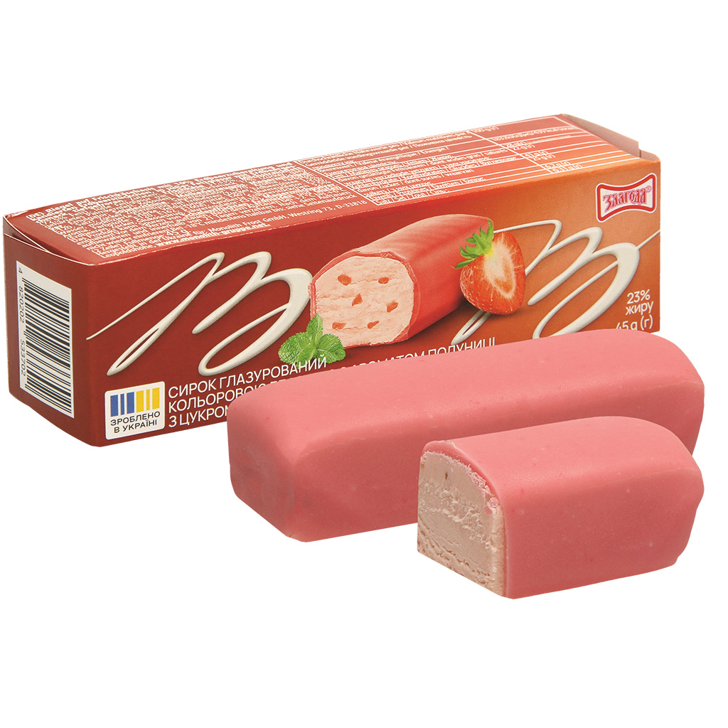 Reep op basis van roomkaas met 10% aardbeienbereiding en gekonfijte aardbeistukjes, in zoete vetglazuur met aardbeiensmaak, diepgevroren