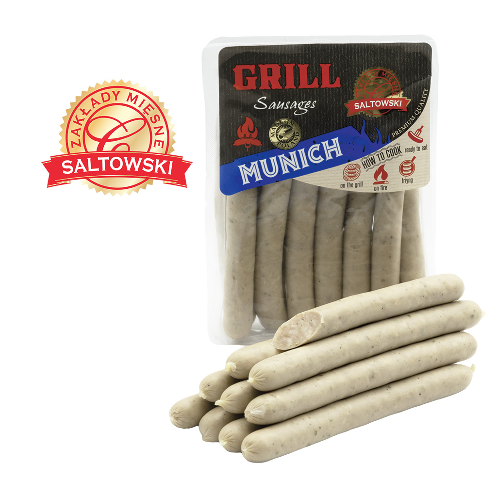 Brühworstjes van varkensvlees naar Münchense grillworststijl, middelgrote korrel, met varkens- en rundvleesaroma, in eetbare collageenhuls.