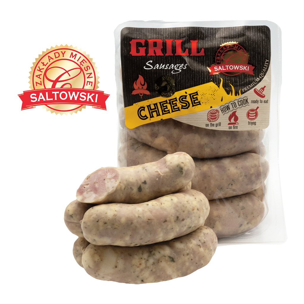 Brühworstjes van varkensvlees, naar de stijl van een grillworst, met kaas (9%), grove korrel, met aroma's (varkens- en rundvlees, Parmezaanse kaas), in de natuur