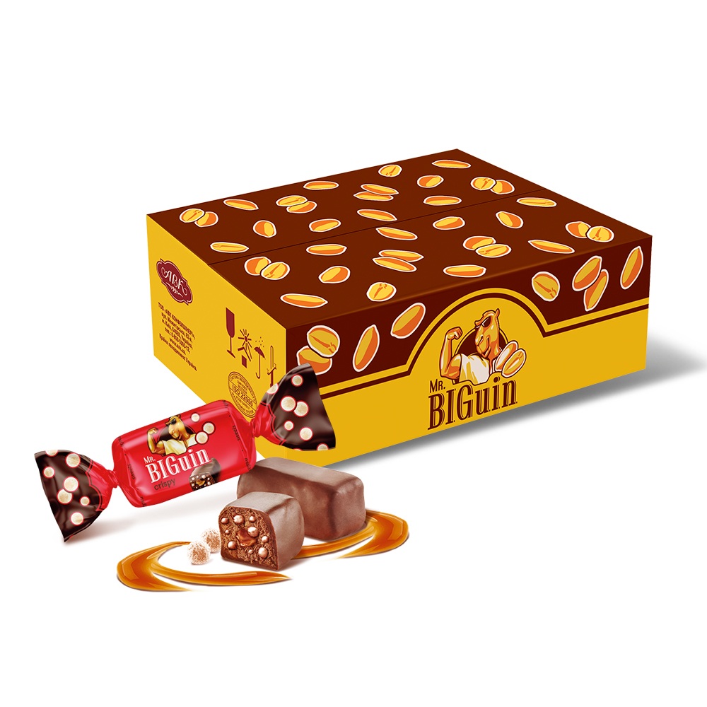 “BIGUIN CRISPY” Snoep met knapperige balletjes 10,8% en karamelvulling 11,2% in cacaohoudende vetglazuur 25% /los