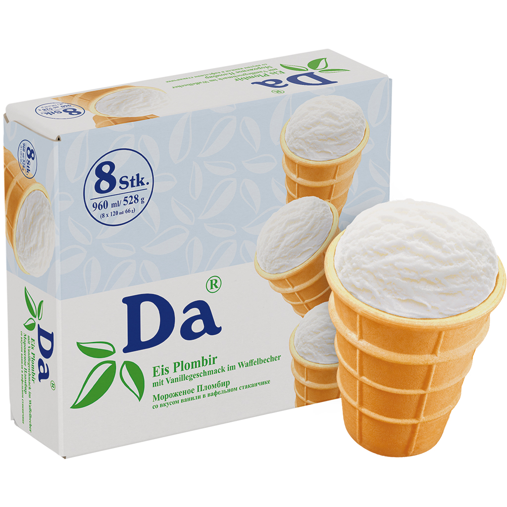 IJs "Plombir" met vanillesmaak in een wafelbekertje