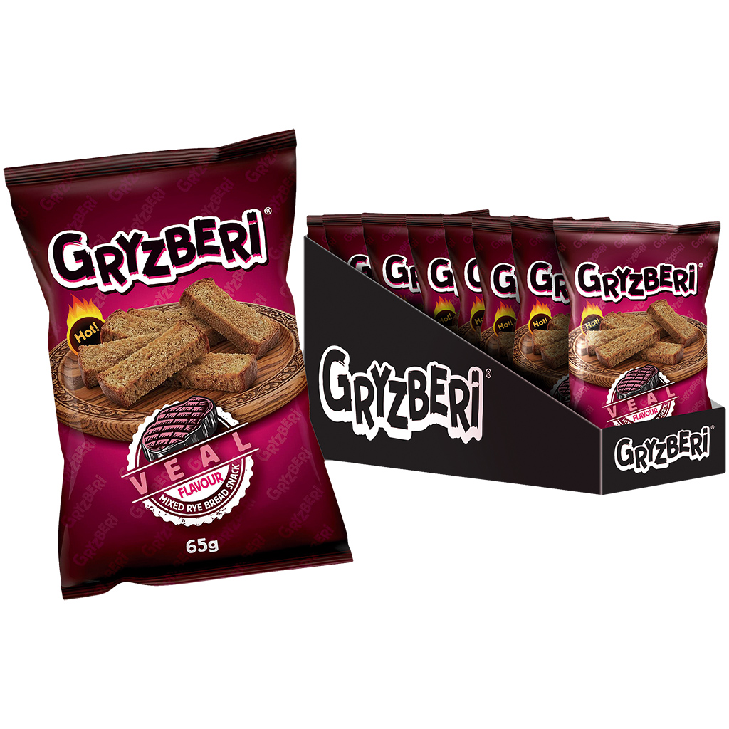 "GRYZBERI" Snack van roggebroodmix met kalfsvlees-smaak, pittig