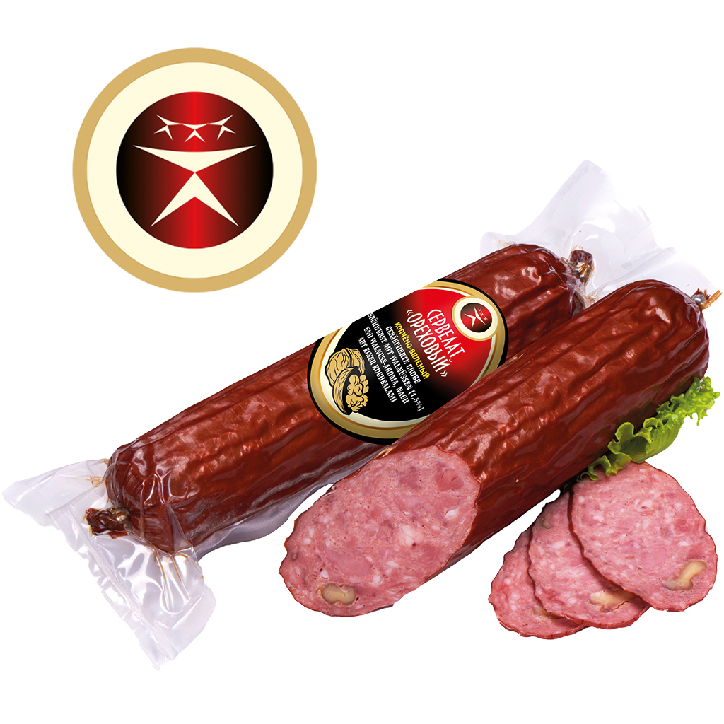 Gerookte grove bouillonworst met walnoten (1,5%) en walnoota