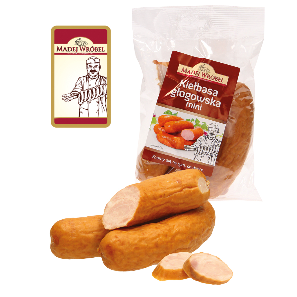 Middelgrote gerookte braadworst "Mala Glogowska" van varkensvlees, met toevoeging van soja-eiwit, aardappelzetmeel en varkensbindweefsel-eiwit.