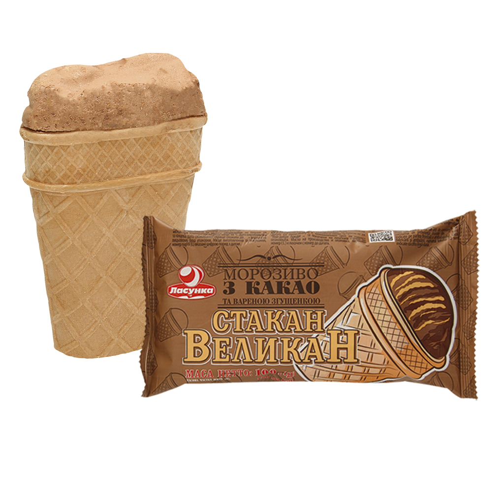 Chocolade-ijs met gekarameliseerde gezoete gecondenseerde melk, met cacao-vetglazuur in een platte wafelbekertje.