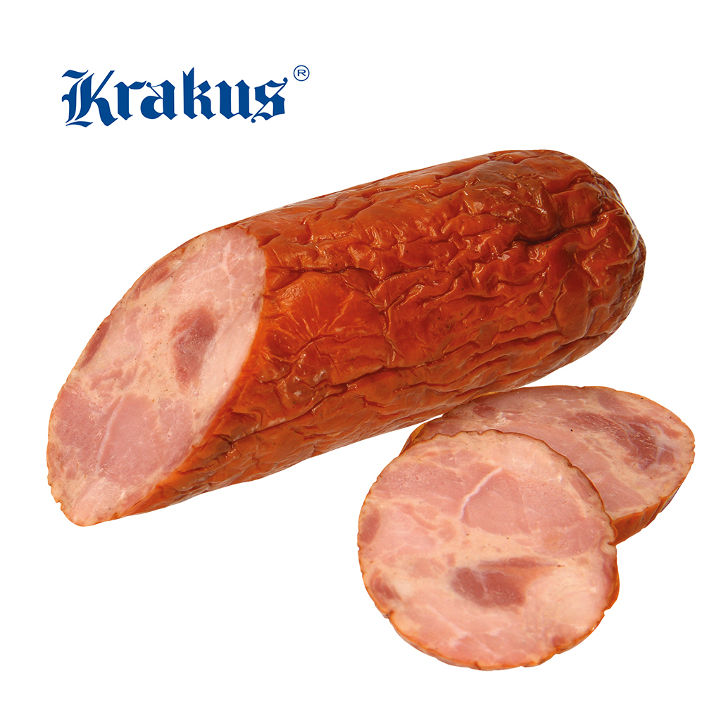 Poolse Schinkenkrakauer grof gehakt, gezouten, gerookt, geblancheerd, gedroogd