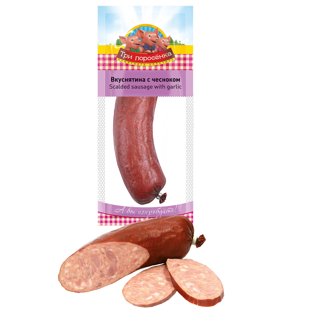 Brühwurst "Wkusnjatina met knoflook" naar Krakause stijl met knoflook, gerookt